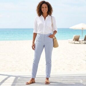 Lands End Womens 4P Seersucker Pants Blue White Striped Mid Rise Slim Leg Petite